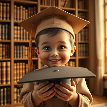 Little boy in graduation cap and gown holding diploma in library. Education conceptの素材