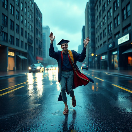 Graduate student in cap and gown jumping in the rain on the streetの素材