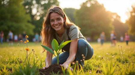 Young woman planting a tree in the garden at sunset. People in the backgroundの素材