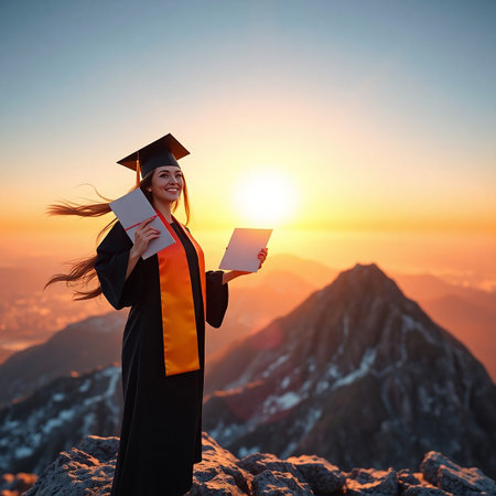 young asian woman graduate in cap and gown with diploma on mountain peak at sunsetの素材