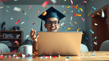A young man wearing a graduation cap celebrates his graduation at home using his laptop Confetti is thrown in the air as he smiles broadly The scene is warm and celebratory A coffee mug is placed to the left of the laptop The background includes shelves a door and another chair He is likely attending a virtual graduation ceremony due to social distancing or other circumstances The entire image is full of joy and achievementの素材