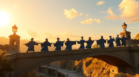 A group of graduating students wearing academic gowns and caps stands on a bridge holding hands celebrating their success and milestone The warm golden light of the setting or rising sun casts a celebratory glow over the scene creating a hopeful and joyful atmosphere The architectural details of the bridge and surrounding landscape add a sense of place and grandeur to the achievement symbolizing the journey and accomplishment of the students This image captures the essence of graduation ceremony with its themes of education and future aspirationsの素材