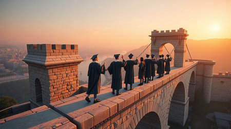 A group of graduates dressed in black gowns and caps walk across an ancient stone bridge at sunset their figures silhouetted against the golden sky The bridge with its medieval architectural design and arches stands high above a distant city creating a sense of accomplishment and transition The sun sets painting the sky with warm tones creating a celebratory atmosphere for the graduates who have completed their education and are moving forward into new beginnings The scene symbolizes the culmination of hard work and the promise of a bright futureの素材