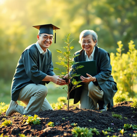A heartwarming scene captures a recent graduate still in their cap and gown kneeling alongside an older woman presumably a parent or mentor They are carefully planting a young tree together in a bed of rich soil The graduate gently holds the sapling as they fill the hole with dirt while the older woman holds what appears to be a diploma or certificate They both are smiling and the background shows a lush green garden providing a soft and natural light that adds to the warmth and joy of the moment This picture illustrates accomplishment shared pride and a commitment to growthの素材