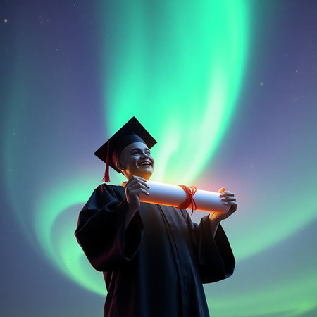 A cheerful young graduate in a cap and gown holds their diploma tied with a festive red ribbon against a stunning backdrop of the aurora borealis The ethereal green and blue lights of the aurora symbolize the bright and promising future that lies ahead for the graduate Their beaming smile reflects a sense of accomplishment pride and excitement for the next chapter in their life This image captures the joy and optimism associated with graduation a significant milestone in ones academic journey It embodies the culmination of hard work dedication and perseverance leading to a moment of triumph under the magical glow of the auroraの素材
