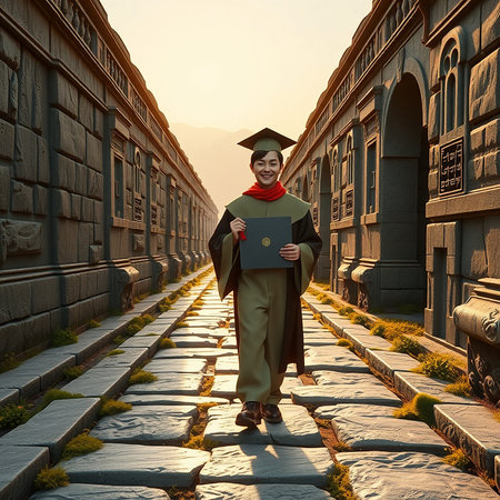 Graduate holding diploma in the ancient city. 3D rendering.の素材