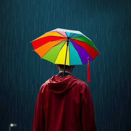 Rear view of businessman in red cloak with colorful umbrella in rainの素材