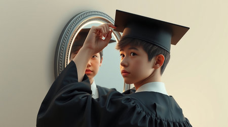 Asian boy and girl in graduation cap and gown looking at the wallの素材