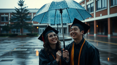 Two joyous students celebrating their graduation day under an umbrella in rainy weather The young woman and man are dressed in their graduation gowns and caps sharing a cheerful moment on campus with the raindrops adding to the unique memory They both have bright smiles and look hopeful for the future despite the gloom The background features the university building with water puddles reflecting the overcast sky reflecting the accomplishment and hard work This is a powerful image of educational success friendship and optimismの素材