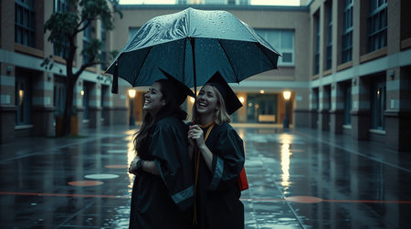 Two young women celebrating their graduation day sharing an umbrella in the rain They are standing close together laughing joyfully while the rain glistens on the pavement around them and the umbrella above The background shows the university building architecture adding to the scenes atmosphere The image captures the joy and accomplishment of graduation even when plans dont go as expected The women are dressed in graduation gowns and caps The rain makes the image look dreamy and romanticの素材