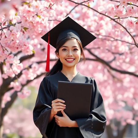 A beautiful and joyful young woman stands smiling proudly in her graduation gown and mortarboard She holds her diploma with confident hands The backdrop is a stunning array of cherry blossoms in full bloom their delicate pink petals creating a soft and celebratory atmosphere This image captures the essence of achievement hard work and the excitement of new beginnings The womans beaming smile reflects her sense of accomplishment and optimism for the futureの素材
