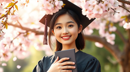 A beautiful young Asian woman smiles brightly on her graduation day She is wearing a black graduation cap and gown and holding a book in her hands She is standing in front of a cherry blossom tree which is blooming with pink flowers The soft sunlight is filtering through the branches creating a warm and inviting atmosphere This image captures the joy and excitement of graduation a celebration of hard work and academic achievement It is a perfect representation of success new beginnings and the bright future that lies ahead for this young graduate The background is soft and blurred creating a sense of depth and focus on the subject The lighting is warm and natural enhancing the overall feeling of happiness and accomplishment This picture would be great for educational purposes university related advertisements or student life contentの素材