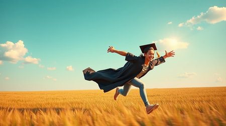Young woman in graduation cap and gown jumping on wheat field. Education concept.の素材