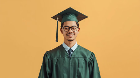 smiling asian man in graduation gown and eyeglasses looking at cameraの素材