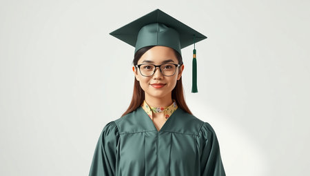 Portrait of young Asian woman wearing graduation cap and eyeglassesの素材