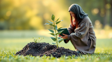 Young muslim woman reading a book and planting a tree in the gardenの素材