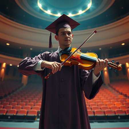 A young man dressed in a graduation gown and cap plays a violin on a large stage The theater is filled with rows of empty seats creating a sense of anticipation and accomplishment He is playing the violin skillfully and passionately The bright lights above illuminate the scene highlighting the student and his dedication to music representing the culmination of years of hard work and study The performance symbolizes the joy of graduation and the exciting possibilities that lie ahead in his future The warm colors and soft lighting evoke feelings of pride and excitementの素材