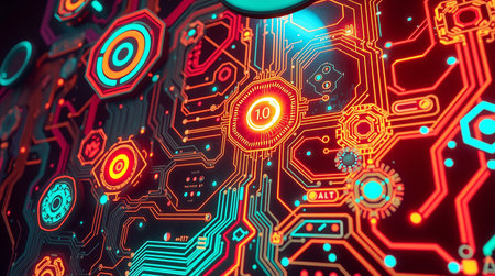 A vibrant abstract image showcasing futuristic technology featuring a glowing circuit board design with intricate details and patterns The design elements suggest innovation and cutting edge technology with glowing neon lines connecting different components The color palette is rich with contrasting hues creating a visually captivating scene It evokes the feeling of advancement connectivity and the digital age with its intricate design and vibrant colors The use of light and shadow enhances the depth and complexity of the circuit board design drawing the viewer into the digital realmの素材