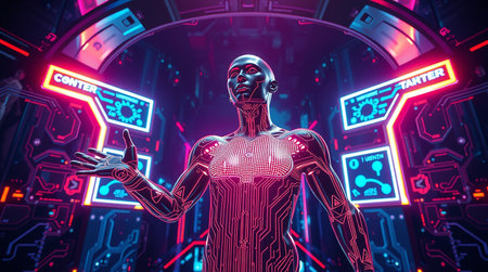 A futuristic cyborg stands confidently in a vibrant neon lit environment showcasing the potential of artificial intelligence and advanced technology The scene evokes a sense of innovation exploration and the evolving relationship between humans and machines The cyborgs design incorporates intricate circuit patterns and glowing accents symbolizing connectivity and seamless integration with the digital world Surrounding the cyborg are holographic displays and complex data interfaces further emphasizing the themes of technology innovation and the future of human machine interactionの素材