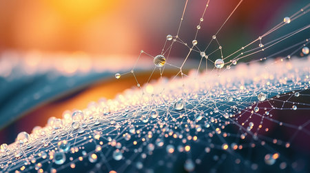 A captivating close up image displaying a network of delicate strands laden with perfectly formed water droplets The intricate web appears to be a spiderweb perhaps created overnight and now covered in morning dew Each droplet is a tiny sphere reflecting the soft light creating a glistening effect The background is blurred suggesting a natural environment such as grass or foliage The image evokes a sense of wonder and appreciation for the beauty of nature in its finest detailsの素材