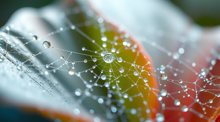 A closeup macro shot captures a delicate spiderweb adorned with glistening dew drops The droplets reflect the surrounding environment creating miniature mirrors of the world The web itself is a testament to natures intricate design each strand meticulously spun The soft colors of the background plants add a touch of serenity to the scene highlighting the beauty of the natural world after a gentle rain This photograph celebrates the small details that often go unnoticed revealing a hidden world of wonder and artistry in the every dayの素材
