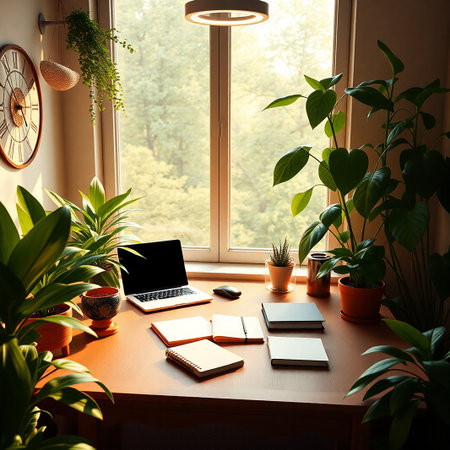 A bright and airy home office setup featuring a laptop surrounded by notebooks and lush indoor plants Natural light floods the workspace through a large window creating a calming and productive atmosphere The room is decorated with tasteful accents including a clock and hanging planters adding a touch of personality This scene embodies the modern trend of blending work and nature promoting wellness and creativity in a comfortable setting The laptop is ready for use while the notebooks are inviting to write on The presence of the green plants enlivens the space providing a breath of fresh air and a touch of tranquility for an ideal workspaceの素材