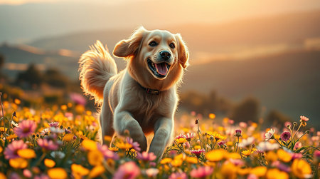 A cheerful golden retriever puppy runs joyfully through a vibrant field of colorful wildflowers during the golden hour The sun illuminates the scene creating a warm and inviting atmosphere The puppys tongue is out as it runs happily through the meadow filled with pink yellow and white flowers The background shows soft hills in the distance adding depth to the tranquil landscape This image captures the essence of happiness playfulness and the beauty of natureの素材