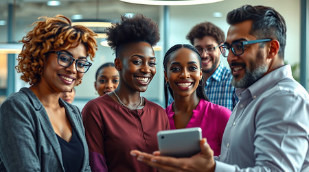 This image showcases a diverse team of young professionals gathered together in what appears to be a modern office setting The group is focused on a mobile device held by one of the team members and they appear to be discussing a project or sharing content Their facial expressions convey a sense of collaboration engagement and positive energy within the workplace The composition emphasizes diversity and teamwork The image captures a contemporary and inclusive work environmentの素材