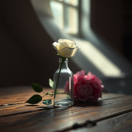 A beautiful still life photograph showcasing a pristine white rose elegantly placed in a simple glass vase Soft natural light streams in from a nearby window casting gentle shadows across the scene A blurred pink rose adds depth to the background The wooden surface provides a warm and rustic feel enhancing the overall charm and creating a serene and romantic mood perfect for various creative projects and designs symbolizing love beauty and tranquilityの素材