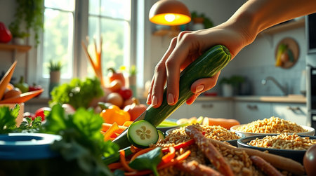 A detailed view showcases a persons hand expertly slicing a fresh cucumber amidst a vibrant kitchen scene The sharp knife precisely cuts through the cucumber creating a clean slice Colorful vegetables and grains are scattered around the cutting board adding to the visual appeal The bright sunlit kitchen provides a warm and inviting ambiance emphasizing the freshness of the ingredients and the joy of preparing a healthy meal This image perfectly captures the essence of home cooking and mindful eatingの素材