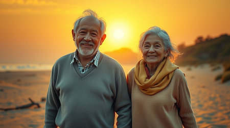 A heartwarming image of an elderly couple standing side by side on a beach at sunset The warm golden light bathes the scene creating a serene and romantic atmosphere The couple is smiling showing a sense of contentment and joy The background features soft sand gentle waves and a vibrant sky blending shades of orange yellow and pink The couples relaxed posture and genuine expressions convey a message of love companionship and enjoying lifes simple pleasures This image captures the essence of aging gracefully and the beauty of long lasting relationships reminding viewers of the importance of cherishing moments with loved onesの素材