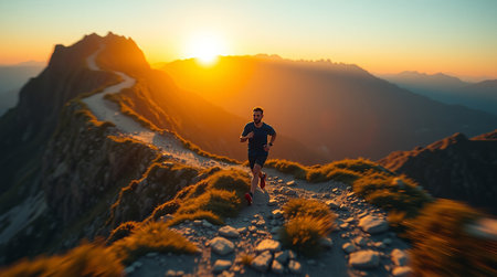A man is captured in motion running along a mountain trail during sunrise The golden light bathes the landscape creating a warm and inviting atmosphere The runner appears focused and determined as he navigates the rocky path highlighting the challenges and rewards of trail running The surrounding mountains add to the sense of adventure and physical achievement in nature and healthy lifestyleの素材