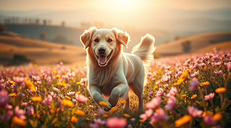 A cheerful golden retriever puppy joyfully sprints through a vast field bursting with colorful wildflowers The warm sunlight bathes the landscape in a gentle glow highlighting the dogs playful expression and the vibrant hues of the flowers Rolling hills create a serene backdrop enhancing the overall peaceful and idyllic scene This image captures the essence of carefree joy and the beauty of nature working together in harmony with a happy canine The dog seems to be having the time of its life embodying pure and simple happiness surrounded by blooming flowers and gentle sunlightの素材