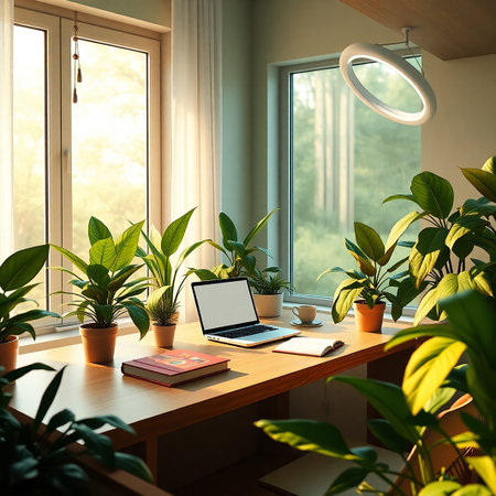 A cozy and inviting home office setup bathed in natural light features a laptop book and coffee cup on a wooden desk Surrounded by lush green plants the space exudes a sense of calm and productivity The soft lighting and minimalist design create a peaceful atmosphere perfect for focused work or creative endeavors The background includes a glimpse of the outdoors adding to the serene ambiance The overall composition is a blend of modern technology and natural elements promoting a healthy and balanced work lifestyleの素材