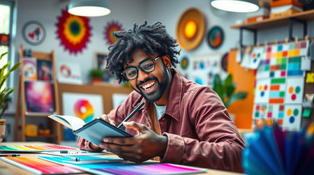 A young African American artist is happily working in his colorful art studio He is wearing glasses and a maroon shirt and smiling as he holds a sketchbook and pen The table is covered in paint swatches In the background are colorful artistic wall decorations a ladder with more art pieces and a shelf with art supplies The room is brightly lit and inviting showing a creative and inspiring workspace for an artistの素材