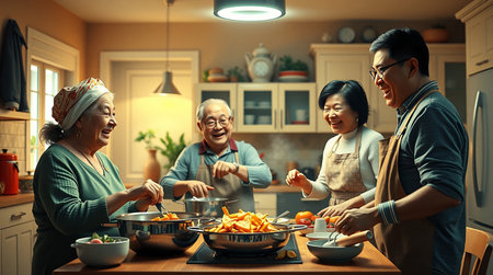 A cheerful group of Asian family members joyfully preparing food together in a brightly lit modern kitchen The scene captures the warmth and togetherness of family meal preparation They are standing around a kitchen island chopping vegetables stirring pots and laughing The image highlights the essence of family connection healthy eating and the shared joy of cooking in a cozy domestic setting with modern appliances and warm lighting They are all wearing aprons and casually dressed making it an everyday momentの素材