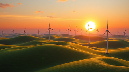 A picturesque view of a field of rolling green hills dotted with wind turbines at sunset The warm light bathes the landscape in a golden glow creating a serene and environmentally conscious scene The wind turbines symbolize renewable energy and sustainable power generation The gentle hills and the vibrant sky create a calming effect This image showcases the harmonious coexistence of technology and nature contributing to a cleaner greener future Ideal for depicting environmental awareness and alternative energy sourcesの素材