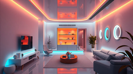 3D rendering of a modern living room with a sofa and TVの素材