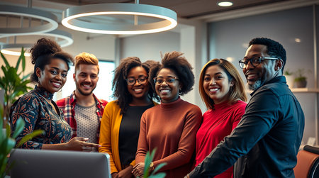 Group of young African-American business people working together in modern office.の素材