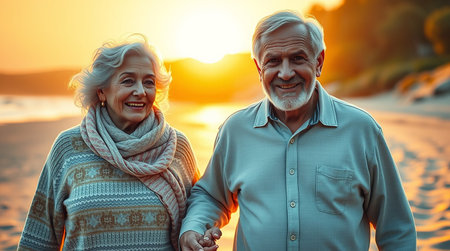Portrait of a happy senior couple walking on the beach at sunsetの素材