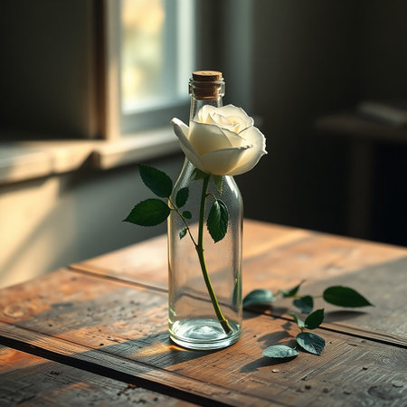 White rose in a glass bottle on a wooden table. Vintage style.の素材