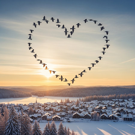 A heartwarming winter scene shows a flock of birds flying in a heart shape formation against a golden sunrise sky Below a charming village sits nestled among snowcovered trees alongside a peaceful lake The overall impression is one of love nature and tranquilityの素材
