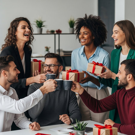 A group of smiling diverse colleagues are celebrating together during an office party exchanging gifts and toasting with mugs The joyful atmosphere captures the spirit of teamwork and friendship in a modern workplace with decorations and small gifts exchangedの素材