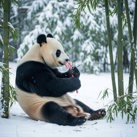 A charming image capturing a giant panda sitting peacefully amidst a snowy bamboo forest delicately holding a candy cane The pandas black and white fur contrasts beautifully with the wintery landscape creating a heartwarming scene The festive treat adds a touch of whimsy to this moment in natureの素材