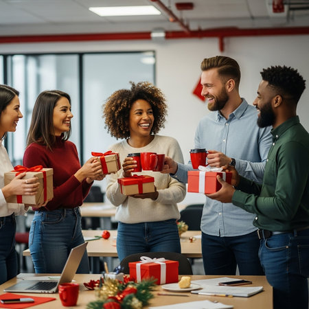 A diverse group of coworkers stands together in a modern office setting exchanging gifts and mugs filled with coffee or tea The atmosphere is cheerful and festive celebrating the holiday season with genuine smiles and camaraderie A laptop sits open on the desk in the foregroundの素材