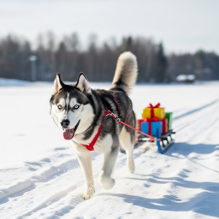 A beautiful Siberian Husky dog with blue eyes is pulling a sled laden with colorful wrapped Christmas presents across a snowcovered field The dog is wearing a red harness and is panting slightly suggesting its pulling efforts Bare trees are visible in the background under a bright skyの素材