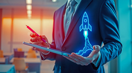 An entrepreneur wearing suit holding a tablet displays an illustration of a rocket launching symbolizing business growth startup opportunity and new innovative technologies with modern blurred office background Concept of project launch business development and innovationの素材