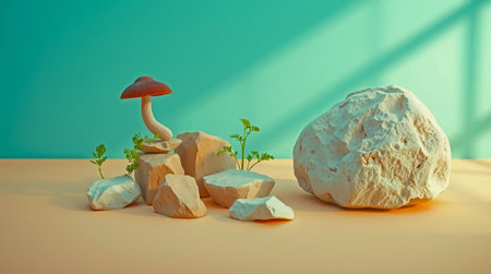 A whimsical and dreamy still life featuring natural elements like beige and white stones sprouting greenery and a single mushroom The composition is set against a soft blue background and a beige surface casting gentle shadows and creating an ethereal moodの素材