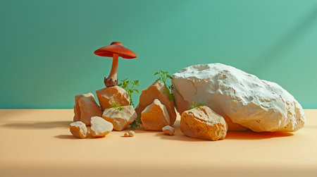 A whimsical still life composition featuring a solitary mushroom perched atop a collection of rocks small plants add to the natural aesthetic The soft green backdrop and minimalist setting give the scene a dreamy otherworldly feel ideal for creative projectsの素材