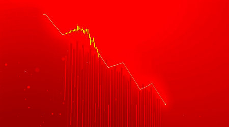 This image depicts a visual representation of a financial crisis with a chart indicating an economic downturn and potential stock market crash The red backdrop intensifies the sense of urgency and danger associated with financial instability and loss The downward trend suggests a recession bankruptcy or a significant market correctionの素材